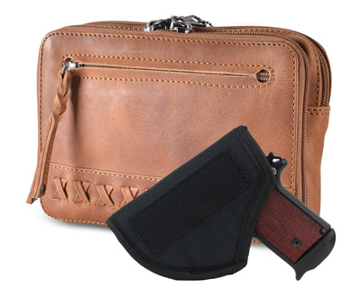 Concealed Carry Kailey Leather Purse Pack -  Lady Conceal -  Concealed Carry Purse -  most popular crossbody bag -  crossbody handgun bag -  crossbody bags for everyday use -  Lady Conceal -  Unique Hide Purse -  Locking YKK Purse -  Fanny Pack for Gun and Pistol -  Easy CCW -  Fast Draw Bag -  Secure Gun Bag