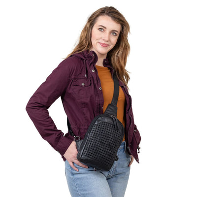 Concealed Carry Bristol Sling Leather Backpack - Lady Conceal - KK Locking Zippers and Universal Holsters for Gun - Backpack for Conceal Carry -  best gun carry backpack -  Pistol and Firearm Bag - women's Concealed Carry Backpack -  premium leather backpack - sling for concealed carry  - concealed carry purses