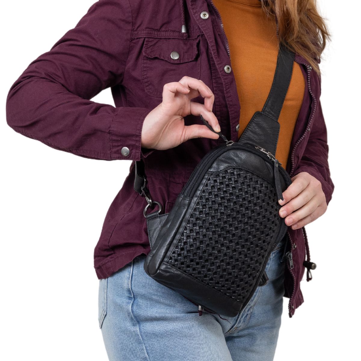 Concealed Carry Bristol Sling Leather Backpack - Lady Conceal - KK Locking Zippers and Universal Holsters for Gun - Backpack for Conceal Carry -  best gun carry backpack -  Pistol and Firearm Bag - women's Concealed Carry Backpack -  premium leather backpack - sling for concealed carry  - concealed carry purses