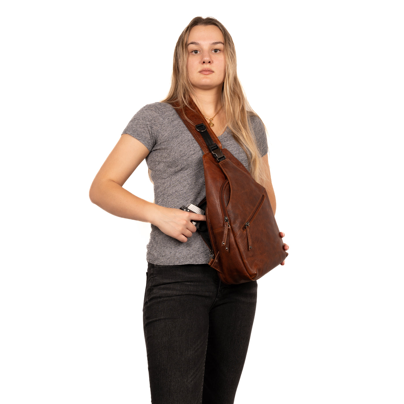 Concealed Carry Unisex Grayson Buffalo Leather Sling by Lady Conceal _ Locking Holster Bag - Anti Theft Gun Bag - Pistol Leather Accessories - Unisex Firearm Bags - CCW Sling with Hidden Gun Pocket - Self Defense Bag for Protection