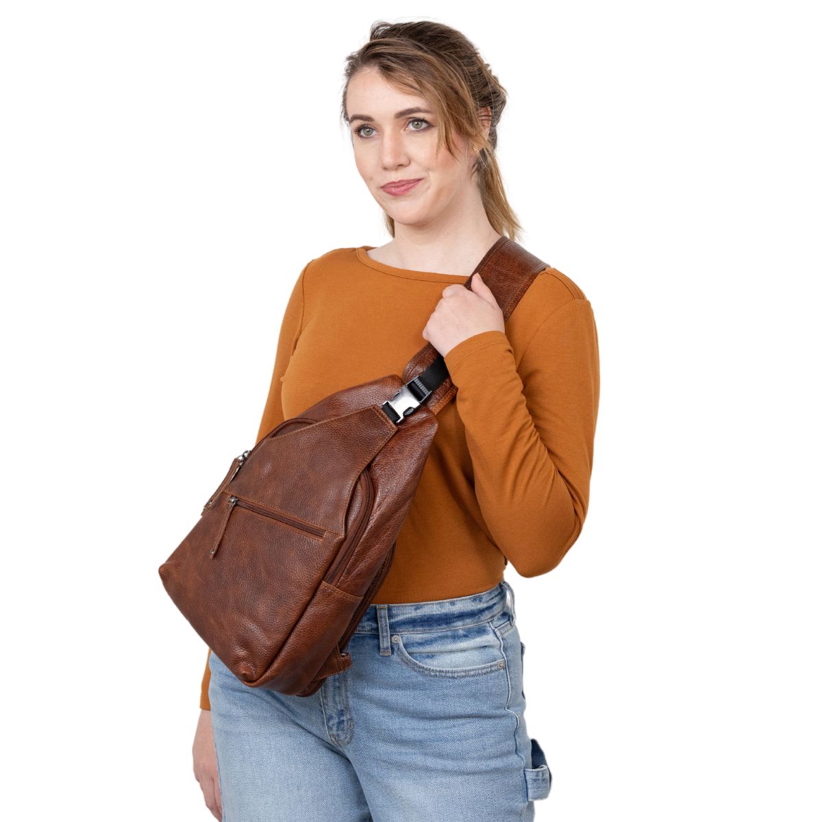 Concealed Carry Unisex Grayson Buffalo Leather Sling by Lady Conceal _ Locking Holster Bag - Anti Theft Gun Bag - Pistol Leather Accessories - Unisex Firearm Bags - CCW Sling with Hidden Gun Pocket - Self Defense Bag for Protection