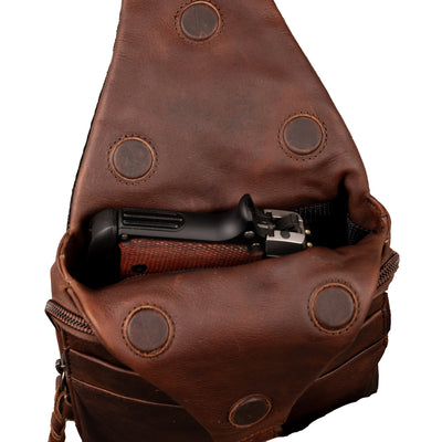 Concealed Carry Unisex Dakota Leather Sling by Lady Conceal - Magnetic Firearm Bag - Fast Draw CCW bag -  Universal Holster Pistol Sling - Unisex Gun Leather Backpack - Anti-Theft Gun Bag with Locking Zippers