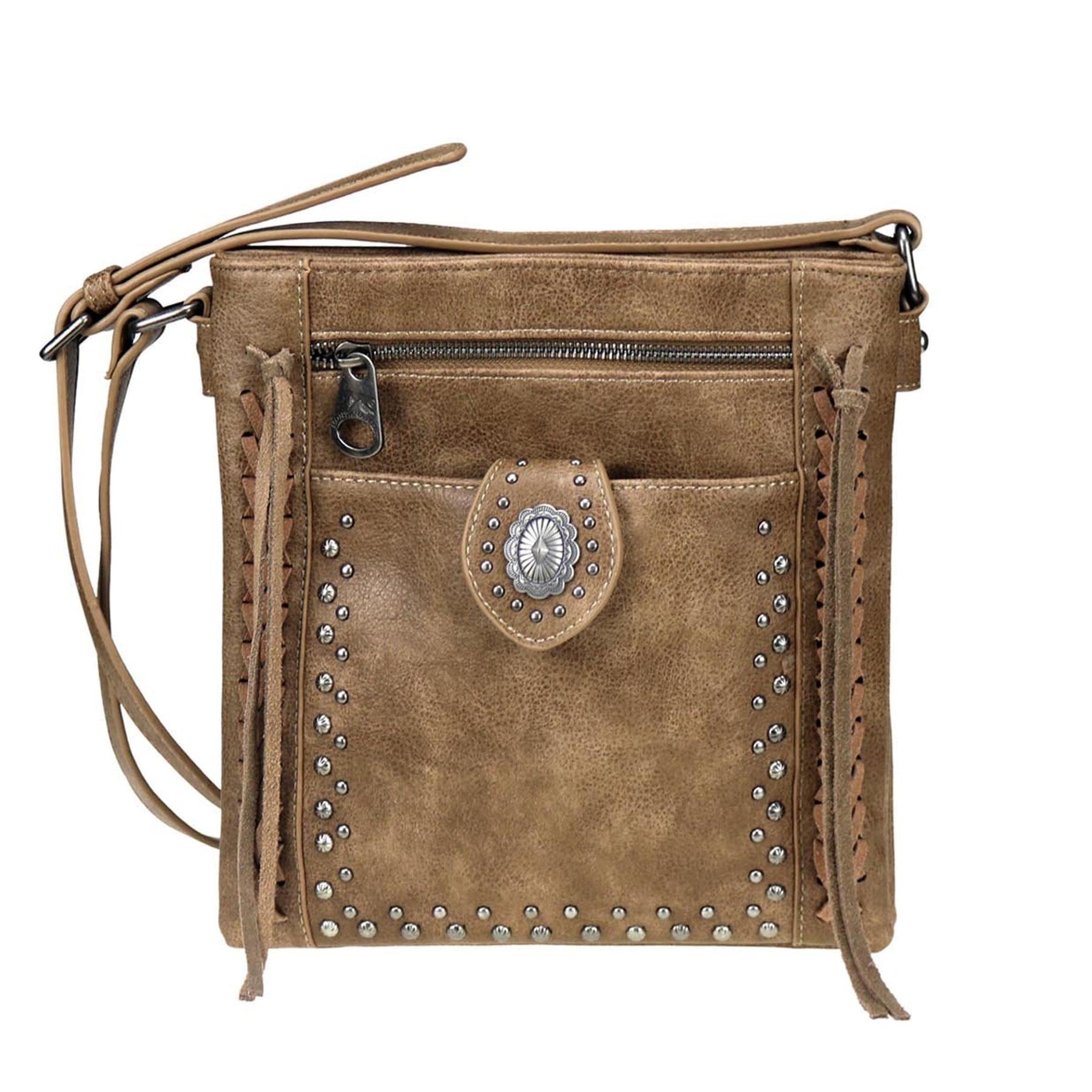 Montana West Real Leather Concho Collection Crossbody Bag Coffee